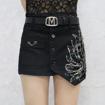 Модна дънкова къса пола с пайети Дамска пролет/лято 2023 г. Нови корейски тънки неправилни секси горещи панталони с висока талия Бели черни ежедневни
