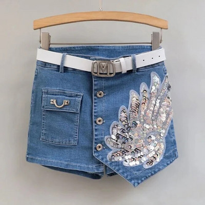 Fusta scurtă din denim de modă cu paiete femei primăvară/vară 2023 nou coreeană cu talie înaltă subțire, neregulată, sexy, pantaloni caldi alb negru casual