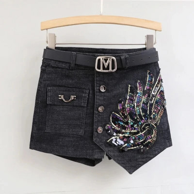 Fusta scurtă din denim de modă cu paiete femei primăvară/vară 2023 nou coreeană cu talie înaltă subțire, neregulată, sexy, pantaloni caldi alb negru casual
