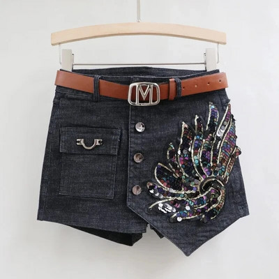 Fusta scurtă din denim de modă cu paiete femei primăvară/vară 2023 nou coreeană cu talie înaltă subțire, neregulată, sexy, pantaloni caldi alb negru casual