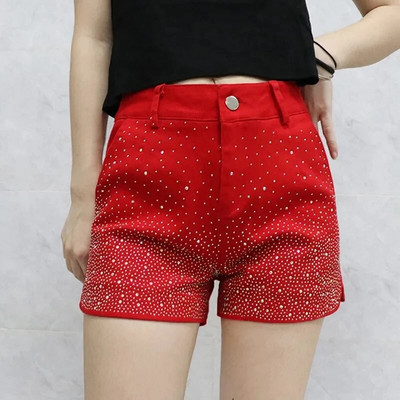 Pantaloni scurți din blugi cu diamante fierbinți pentru îmbrăcăminte de stradă pentru femei, primăvară, toamnă 2024, pantaloni scurti elastici cu talie înaltă, pantaloni scurti casual pentru femei