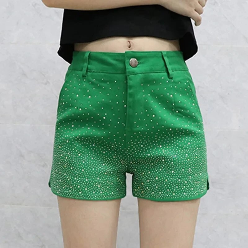 Moteriški deimantiniai džinsiniai šortai, skirti moteriškai aprangai, 2024 m. pavasario ruduo Nauji elastingi aukštu juosmeniu ploni šortai moteriškos laisvalaikio trumpos kelnės