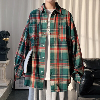 Harajuku Карирани ризи с дълъг ръкав Мъжки голям размер M-5XL Есенен шик Свободни ретро High Street All-match Gentleman Camisa
