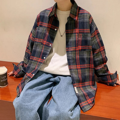 Cămăși în carouri cu mânecă lungă Harajuku, bărbați, mărime mare, M-5XL, toamnă șic, largi, epocă, High Street, cămăși pentru domn