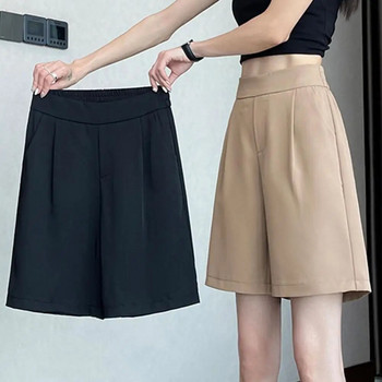 Дамски летни къси панталони A-line Свободни ластични дамски къси панталони с висока талия Прави ежедневни тънки панталони с дължина до коляното