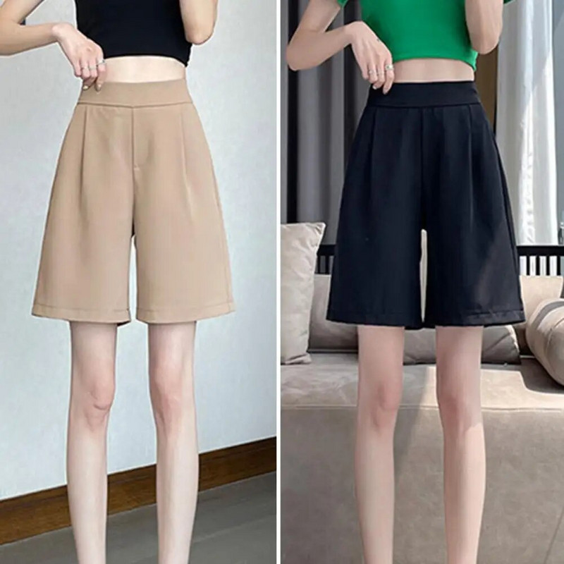 Moteriški vasariniai šortai A formos laisvi elastiniai aukštu juosmeniu moteriški šortai tiesūs laisvalaikio ploni kelnės iki kelių
