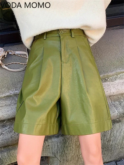 S-4XL Модни къси панталони от PU кожа Дамски пролетни и есенни Бермудски къси панталони с ластик на талията Свободни кожени къси панталони с пет точки