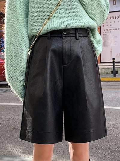 Pantaloni scurți din piele PU la modă S-4XL Bermude de primăvară și toamnă, cu talie elastică, pantaloni scurți din piele largi în cinci puncte
