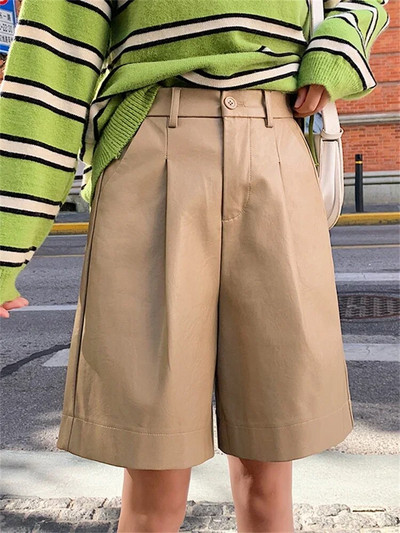 Pantaloni scurți din piele PU la modă S-4XL Bermude de primăvară și toamnă, cu talie elastică, pantaloni scurți din piele largi în cinci puncte