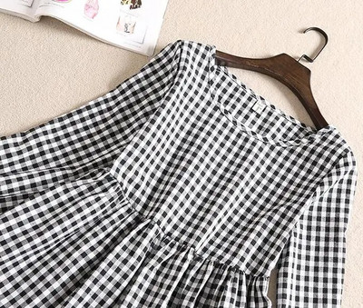 Pavasara rudens sieviešu kokvilnas lina blūze ikdienišķa brīva volānu blūze rūtaini sieviešu krekli ar garām piedurknēm apakšā Blusas topi AB1606