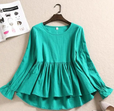 Pavasara rudens sieviešu kokvilnas lina blūze ikdienišķa brīva volānu blūze rūtaini sieviešu krekli ar garām piedurknēm apakšā Blusas topi AB1606