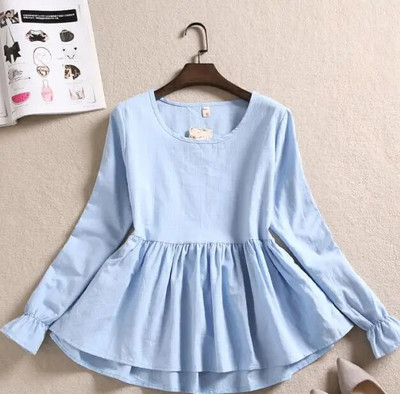 Pavasara rudens sieviešu kokvilnas lina blūze ikdienišķa brīva volānu blūze rūtaini sieviešu krekli ar garām piedurknēm apakšā Blusas topi AB1606