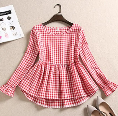 Pavasara rudens sieviešu kokvilnas lina blūze ikdienišķa brīva volānu blūze rūtaini sieviešu krekli ar garām piedurknēm apakšā Blusas topi AB1606