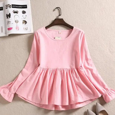 Pavasara rudens sieviešu kokvilnas lina blūze ikdienišķa brīva volānu blūze rūtaini sieviešu krekli ar garām piedurknēm apakšā Blusas topi AB1606