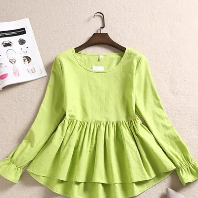 Pavasara rudens sieviešu kokvilnas lina blūze ikdienišķa brīva volānu blūze rūtaini sieviešu krekli ar garām piedurknēm apakšā Blusas topi AB1606