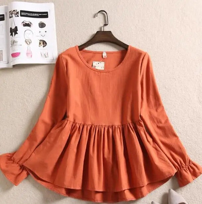 Pavasara rudens sieviešu kokvilnas lina blūze ikdienišķa brīva volānu blūze rūtaini sieviešu krekli ar garām piedurknēm apakšā Blusas topi AB1606