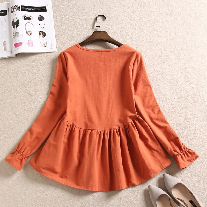 Pavasara rudens sieviešu kokvilnas lina blūze ikdienišķa brīva volānu blūze rūtaini sieviešu krekli ar garām piedurknēm apakšā Blusas topi AB1606