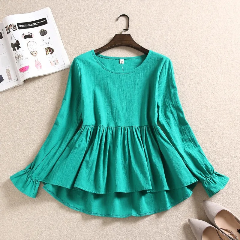 Pavasara rudens sieviešu kokvilnas lina blūze ikdienišķa brīva volānu blūze rūtaini sieviešu krekli ar garām piedurknēm apakšā Blusas topi AB1606