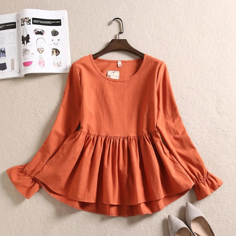 Pavasara rudens sieviešu kokvilnas lina blūze ikdienišķa brīva volānu blūze rūtaini sieviešu krekli ar garām piedurknēm apakšā Blusas topi AB1606