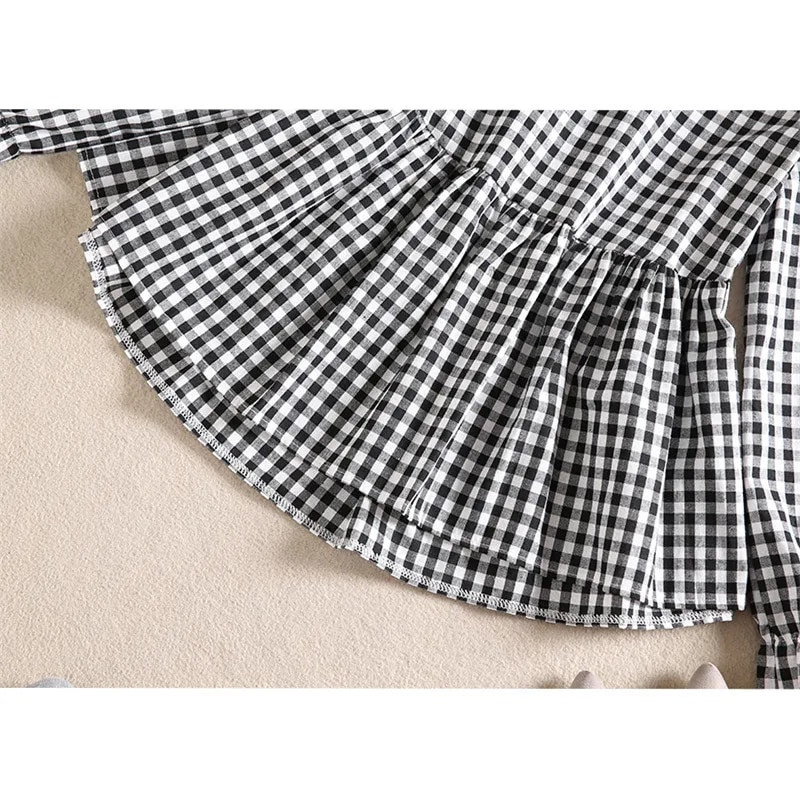 Pavasara rudens sieviešu kokvilnas lina blūze ikdienišķa brīva volānu blūze rūtaini sieviešu krekli ar garām piedurknēm apakšā Blusas topi AB1606