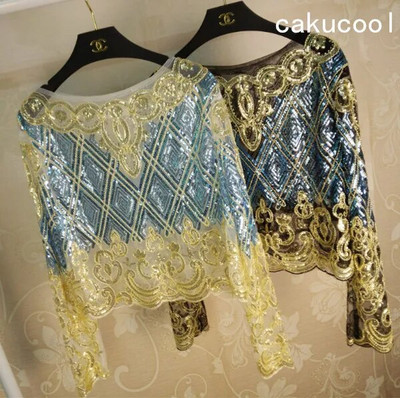 Cakucool Ženska bluza s perlama, majica s dugim rukavima, šifonske majice sa zlatnim šljokicama, seksi ukrasni čipkasti pulover, proljetna blusa majica