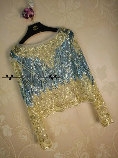 Cakucool Bluză cu mărgele Cămașă pentru femei Topuri din șifon cu mâneci lungi, cu paiete aurii, pulover din dantelă, înfrumusețat sexy, Bluze de primăvară Cămașă de top