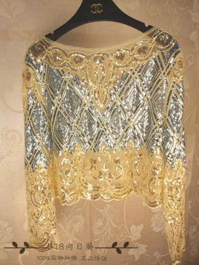 Cakucool Bluză cu mărgele Cămașă pentru femei Topuri din șifon cu mâneci lungi, cu paiete aurii, pulover din dantelă, înfrumusețat sexy, Bluze de primăvară Cămașă de top