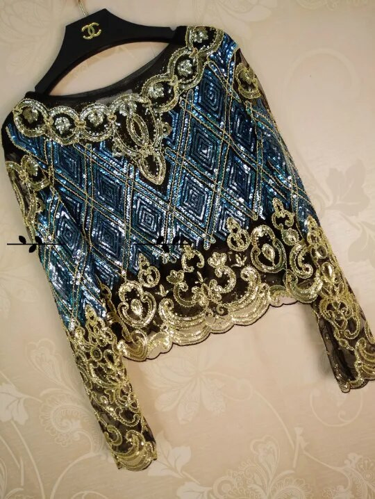 Cakucool Bluză cu mărgele Cămașă pentru femei Topuri din șifon cu mâneci lungi, cu paiete aurii, pulover din dantelă, înfrumusețat sexy, Bluze de primăvară Cămașă de top