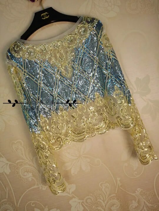Cakucool Bluză cu mărgele Cămașă pentru femei Topuri din șifon cu mâneci lungi, cu paiete aurii, pulover din dantelă, înfrumusețat sexy, Bluze de primăvară Cămașă de top