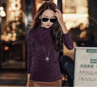 Cakucool Základné tričko s dlhým rukávom a golierom, dámske lesklé lurexové tričko s golierom a sieťovanou výstrihom, štíhla kórejská čipka, elegantné dámske oblečenie Plus 3XL