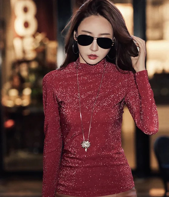 Cakucool Základné tričko s dlhým rukávom a golierom, dámske lesklé lurexové tričko s golierom a sieťovanou výstrihom, štíhla kórejská čipka, elegantné dámske oblečenie Plus 3XL