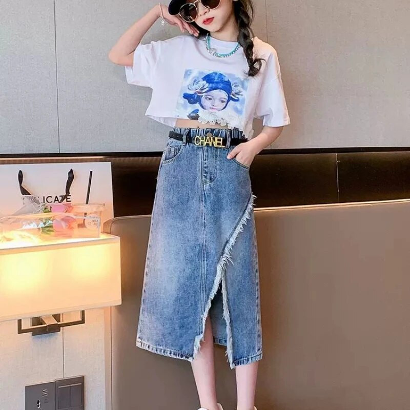 Vasaros paauglių mergaičių drabužių rinkiniai Vaikiški mados raštų marškinėlių viršūnės + džinsinis sijonas 2 vnt. Apranga Vaikiški Kostiumai 6 7 8 9 10 11 12 13 metų