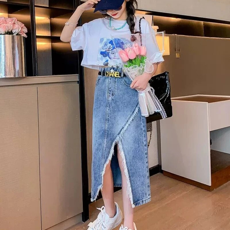 Vasaros paauglių mergaičių drabužių rinkiniai Vaikiški mados raštų marškinėlių viršūnės + džinsinis sijonas 2 vnt. Apranga Vaikiški Kostiumai 6 7 8 9 10 11 12 13 metų