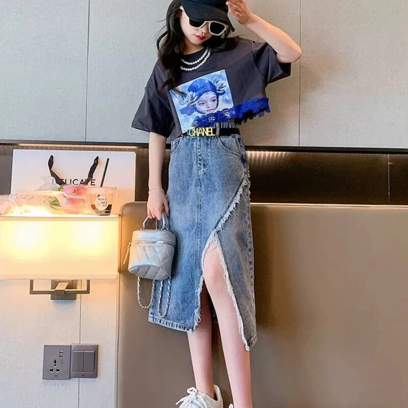 Vasaros paauglių mergaičių drabužių rinkiniai Vaikiški mados raštų marškinėlių viršūnės + džinsinis sijonas 2 vnt. Apranga Vaikiški Kostiumai 6 7 8 9 10 11 12 13 metų