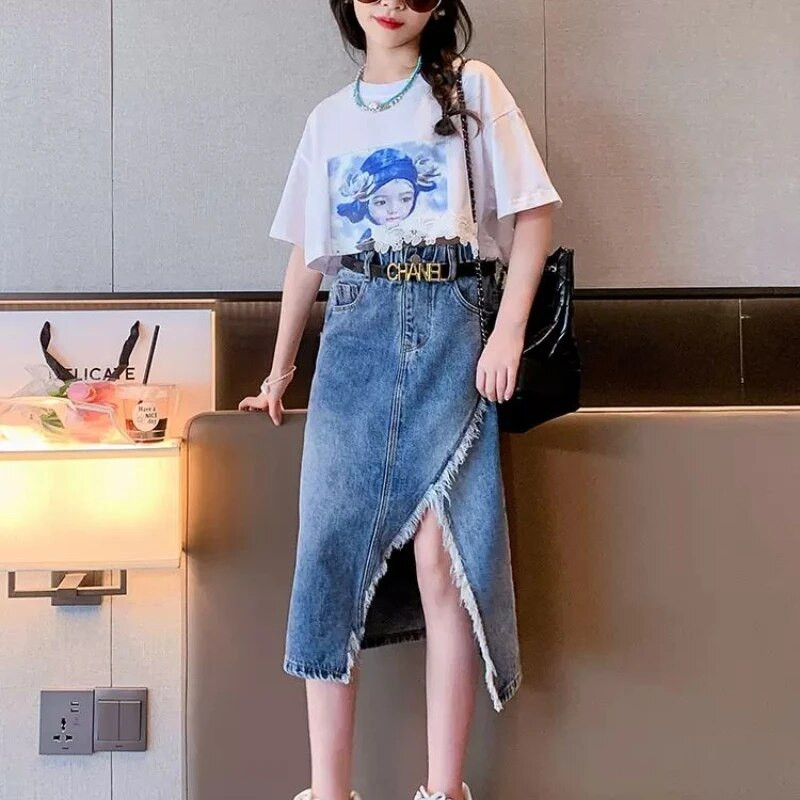 Vasaros paauglių mergaičių drabužių rinkiniai Vaikiški mados raštų marškinėlių viršūnės + džinsinis sijonas 2 vnt. Apranga Vaikiški Kostiumai 6 7 8 9 10 11 12 13 metų