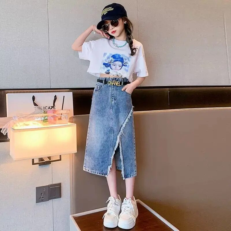 Vasaros paauglių mergaičių drabužių rinkiniai Vaikiški mados raštų marškinėlių viršūnės + džinsinis sijonas 2 vnt. Apranga Vaikiški Kostiumai 6 7 8 9 10 11 12 13 metų
