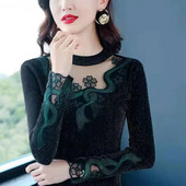 Jesen Zima Ženske bluze Baršunaste košulje Vintage izvezene izdubljene prozirne mrežaste ženske majice Ženska odjeća velikih veličina