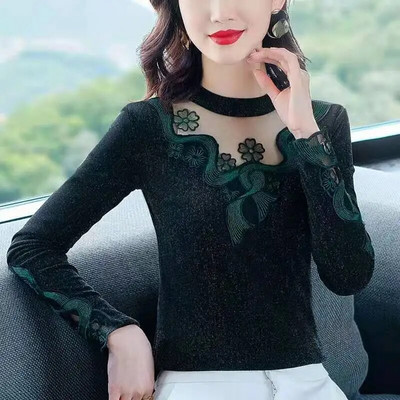 Jesen Zima Ženske bluze Baršunaste košulje Vintage izvezene izdubljene prozirne mrežaste ženske majice Ženska odjeća velikih veličina