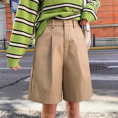 Pantaloni scurți din piele PU pentru femei, primăvară, toamnă, talie înaltă, pantaloni largi, vintage, pantaloni din piele în cinci puncte, pantaloni scurți modă
