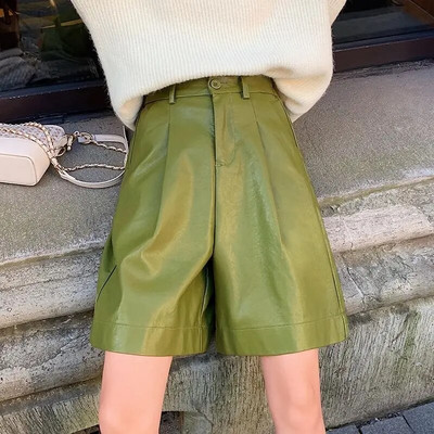 Pantaloni scurți din piele PU pentru femei, primăvară, toamnă, talie înaltă, pantaloni largi, vintage, pantaloni din piele în cinci puncte, pantaloni scurți modă