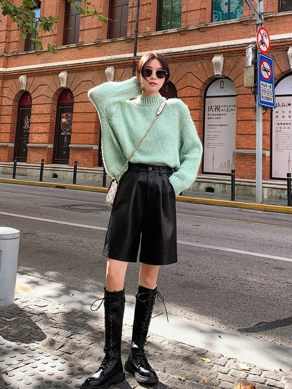 Kratke hlače od PU kože Ženske proljeće jesen Hlače širokih nogavica visokog struka Vintage Kožne kratke hlače s pet točaka, Modne kratke hlače