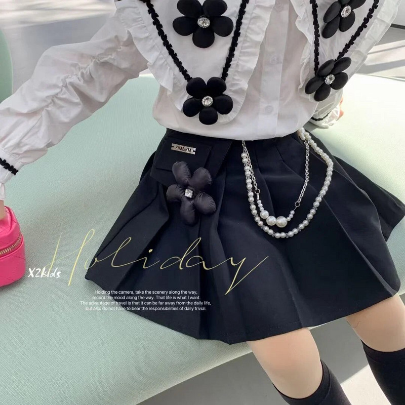 Mergaičių sijonai Vintažiniai vaikams Saldūs klostuoti sijonai Grandinė Pearl aukšto juosmens sijonai Mokykliniai paaugliai Mergaičių drabužiai 3 4 6 8 10 12 14 m.