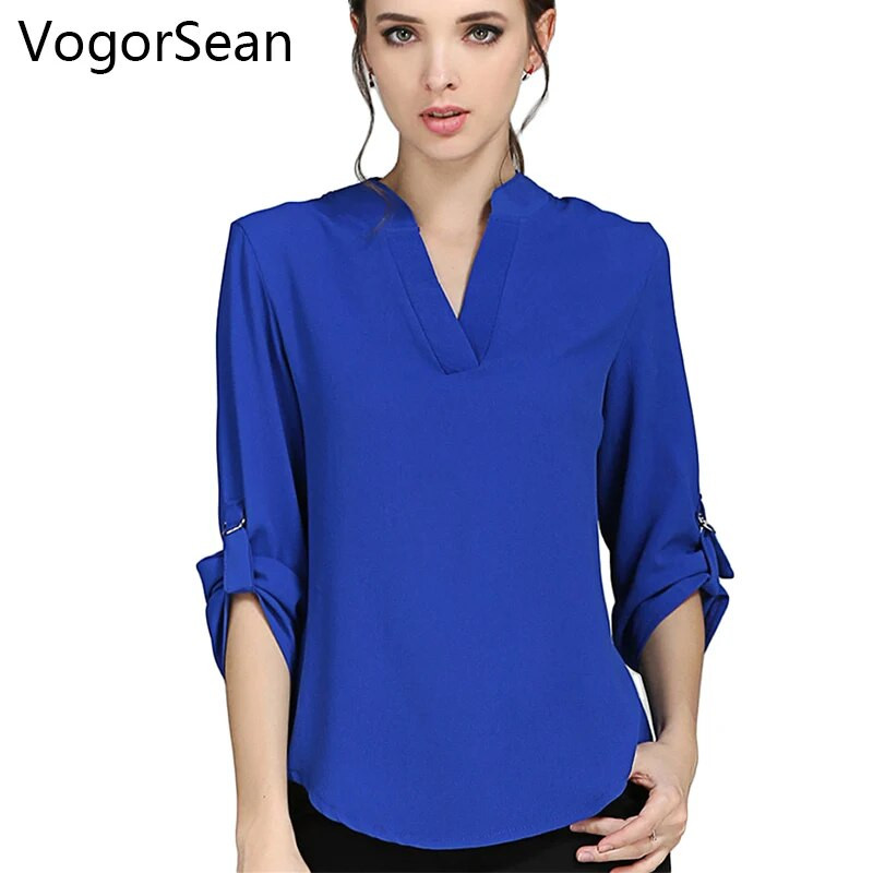 Ženske bluze, košulje, jednobojne uredske dame, bluze od šifona, topovi i bluze OL, košulje u stilu proljeće, ljeto, ženske vruće rasprodaje, velike veličine