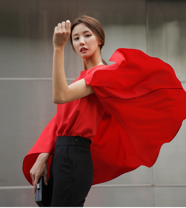 Bluză din șifon de pelerina de birou pentru femei, toamnă, vintage, cu gâtul în formă de roșu, alb, bluze sexy, pelerina fără mâneci, șal, cămăși Topuri haine