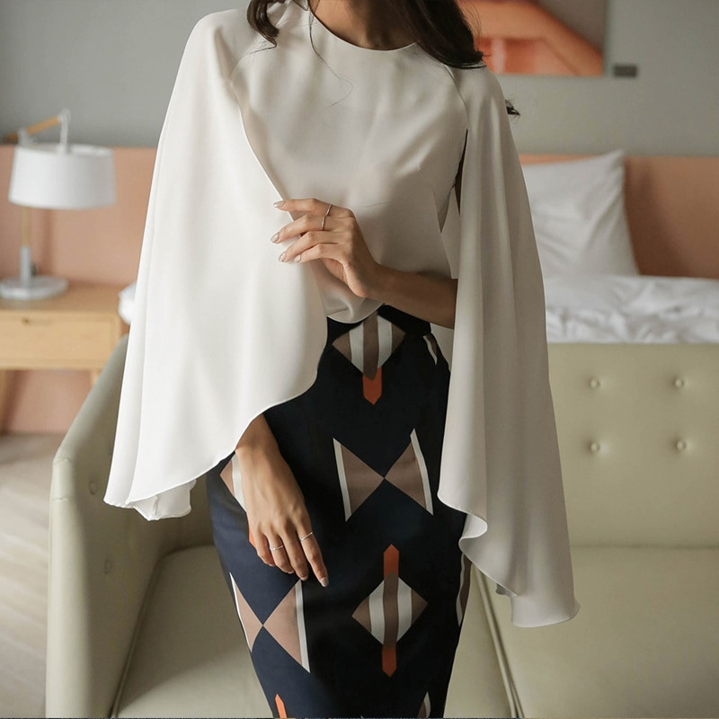 Bluză din șifon de pelerina de birou pentru femei, toamnă, vintage, cu gâtul în formă de roșu, alb, bluze sexy, pelerina fără mâneci, șal, cămăși Topuri haine