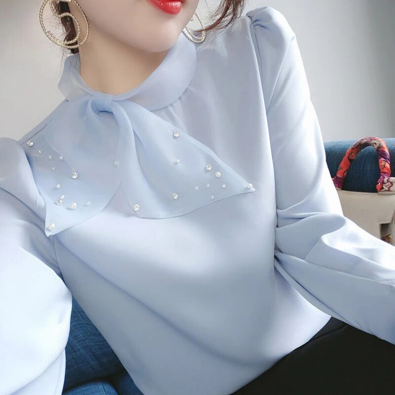 Μακρυμάνικο OL Office Γυναικείο πουκάμισο Μπλούζα Blusas Γυναικείες μπλούζες και μπλούζες Πουκάμισα σιφόν Παπιγιόν Lady Top Plus Size