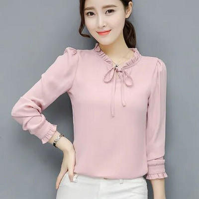 2019 új tavaszi nyári szabadidő blúz női hosszú ujjú ingek divatos elegáns sifon ing masni irodai női rózsaszín fehér felsők