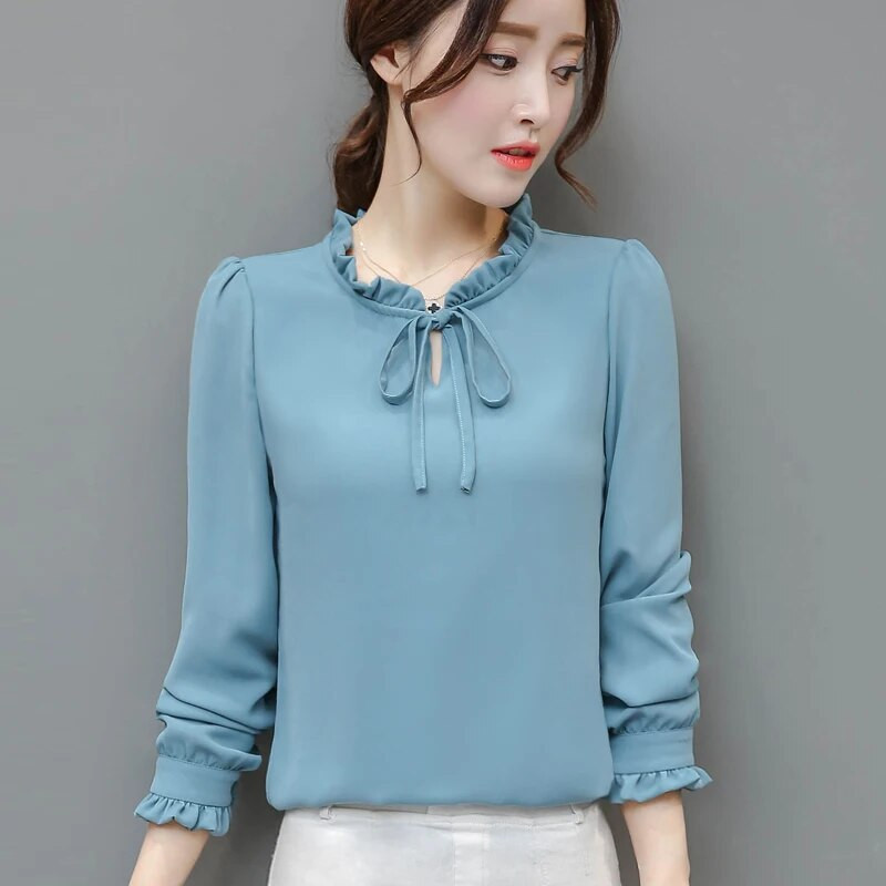 2019 új tavaszi nyári szabadidő blúz női hosszú ujjú ingek divatos elegáns sifon ing masni irodai női rózsaszín fehér felsők