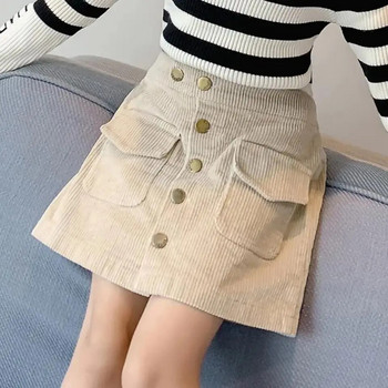 Бебешки кадифена пола за момичета Детски поли с копчета Тийнейджърска къса рокля с джоб 2024 Пролет Есен Детски дрехи в корейски стил