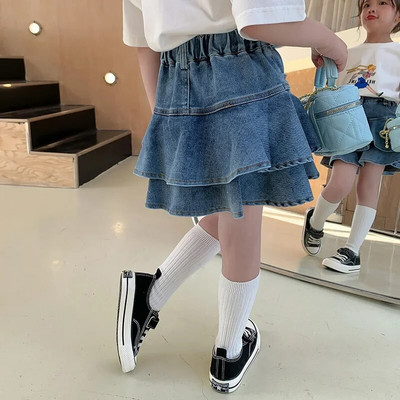 Корейска версия за момичета Cool Spicy Girls Високоеластична дънкова плисирана къса пола 2023 летни детски фалшиви панталони от две части